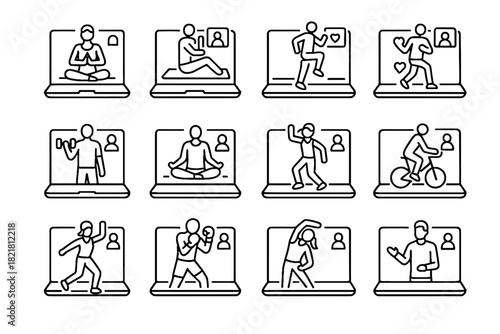 Online virtual session dance pilates icons fitness hiit icon class vector cycling