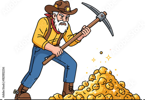 Cartoon gold miner digging with pickaxe, discovering shiny gold nuggets, vintage prospector character working hard in mining scene illustration