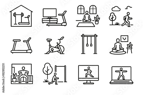 Room station living fitness laptop workout outdoor icon yoga virtual online vector