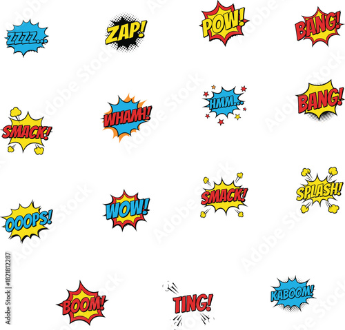 Colorful comic sound effect text collection with dynamic expressions, vibrant pop art style, playful cartoon speech bubbles, explosive action words, retro design