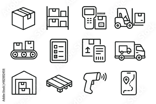 Warehouse smart stock scanner retail gun routing forklift vector inventory icon conveyor