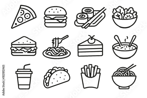 Sushi soup pizza sandwich food fries vector tacos icon grid burger icons