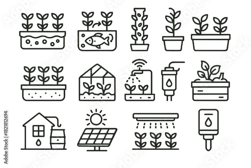 System vector urban smart tower farming aquaponics module hydroponics icon greenhouse composting