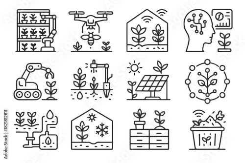 Smart farming library water seed robotic icon network urban vector climate recycling