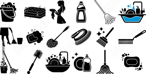 Household Cleaning Tools Supplies Icon Set