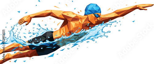 Dynamic low poly swimmer performing butterfly stroke with splashing water, athletic sports illustration, competitive swimming action, modern geometric artwork