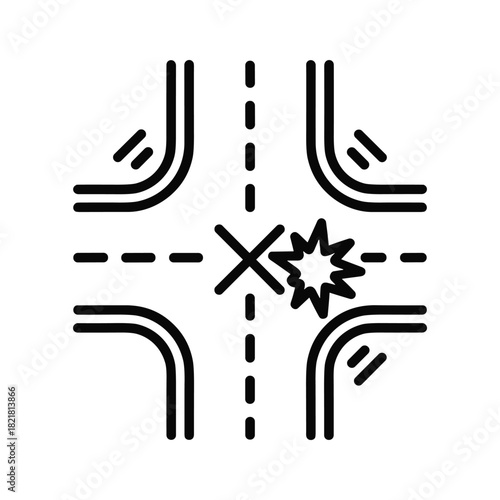 Icon representing a car accident at a fourway intersection