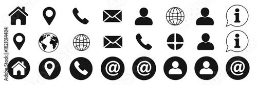 communication and contact vector icons pack including email, address, phone, message, website, and location elements, illustrated in clean flat line and solid styles for professional infographics, mar