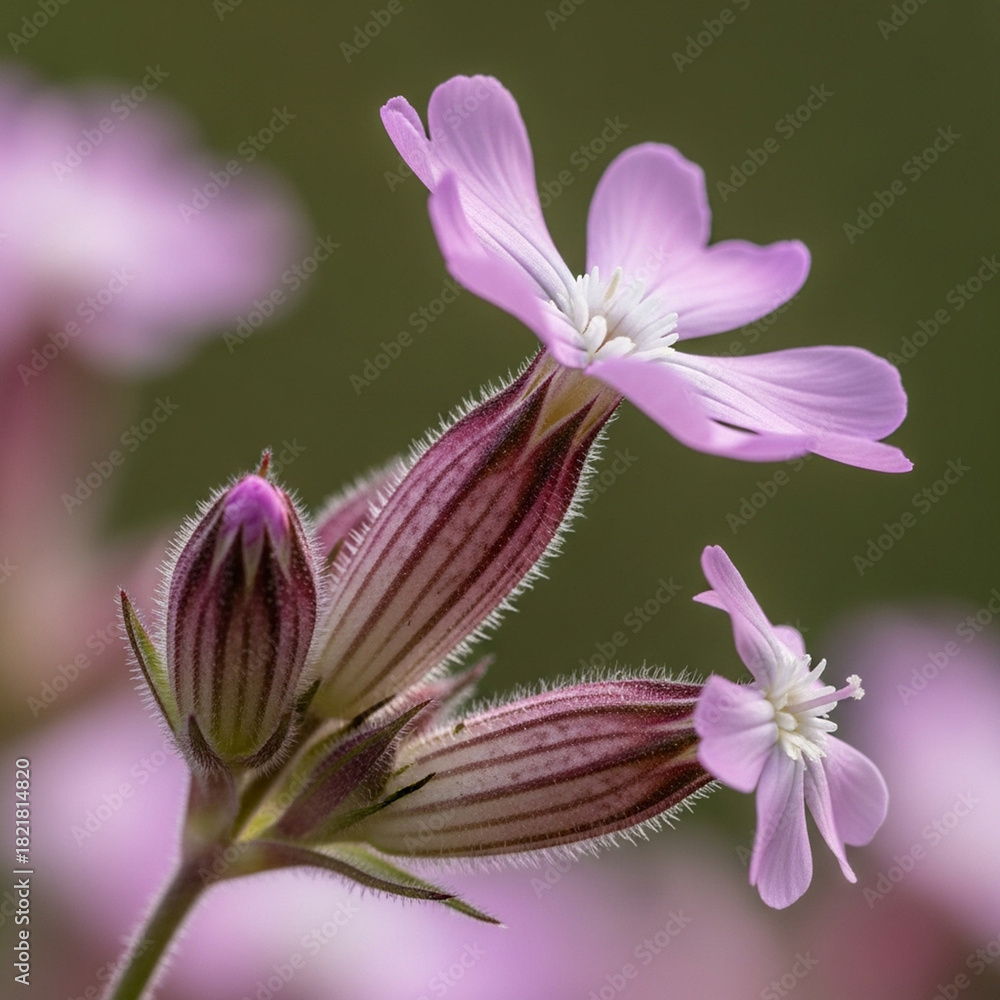 Obraz premium A close-up macro shot of a small, delicate pink Gibraltar Campion (Silene tomentosa) with five petals. The background is softly blurred green