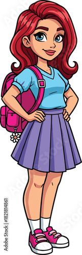 Cute cartoon schoolgirl standing confidently with backpack, stylish student character in skirt and sneakers, education illustration for learning, studying and school themes