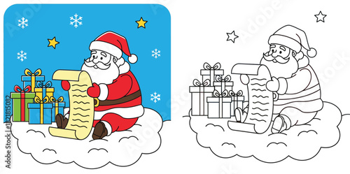 Santa Claus reading wish list on cloud with gifts coloring book page vector illustration. Christmas holiday cartoon character outline and color version for kids activity.