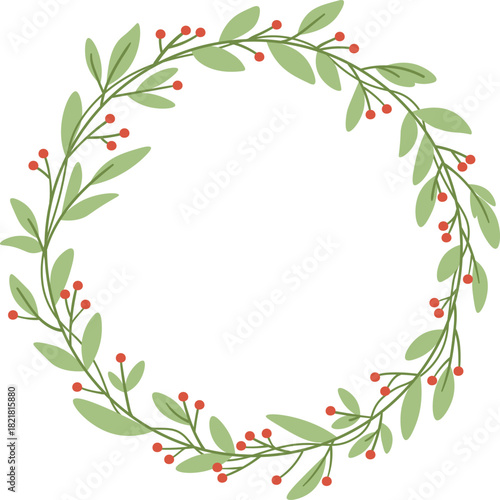 A green wreath with red berries is shown
