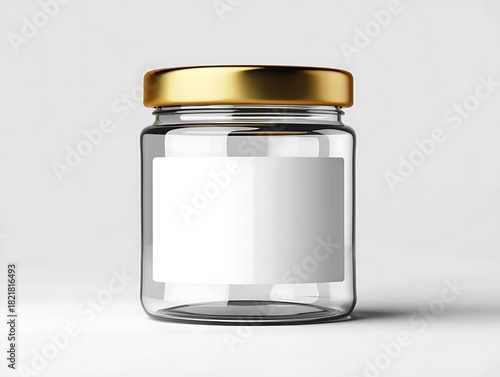 Empty clear glass jar with gold cap and blank label for products