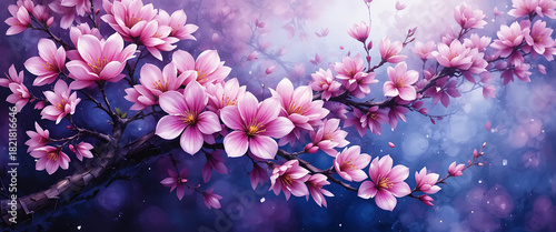 oil painting water color brush painting Japanese style insspired floral blossom purple pink and violet floral art, motion and bokhe style, seamless pattern, gplden leaf edge outline,artistic clipart,