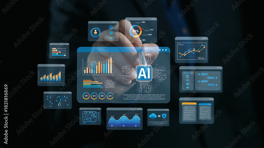 Fototapeta premium AI Assistant Brain Processor with LLM Technology, Big Data, Machine Learning, Generative AI for Business Support, Future Agentic AI Technology and Artificial Intelligence Prompt Engineering. Elide