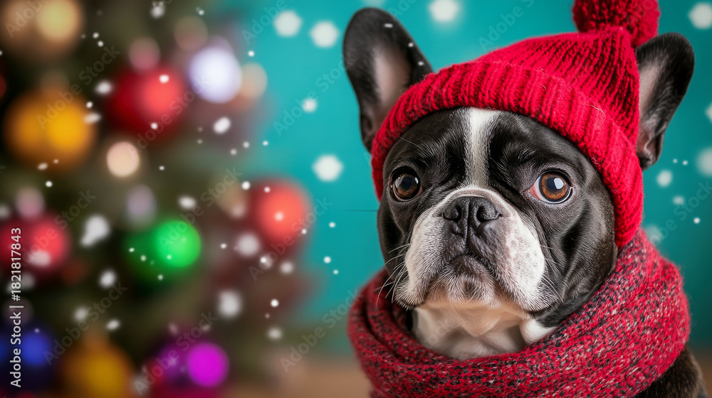 custom made wallpaper toronto digitalA cute french bulldog wearing a Christmas Santa red hat, sitting near the Christmas Tree. Festive Christmas atmosphere.