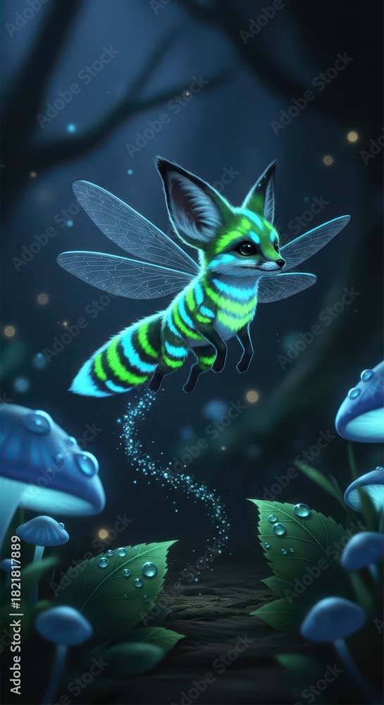 Obraz premium Luminescent winged mammal creature hovers above a damp forest floor among glowing toadstools