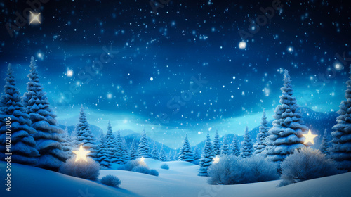 Christmas night scene with snow falling, trees and hills in the background