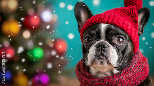 Wallpaper Mural A cute french bulldog wearing a Christmas Santa red hat, sitting near the Christmas Tree. Festive Christmas atmosphere. Torontodigital.ca