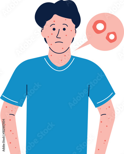 A man with a blue shirt and a red circle on his head