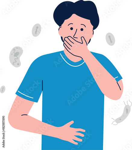 A man is shown with his mouth wide open, and the background has a lot of germs