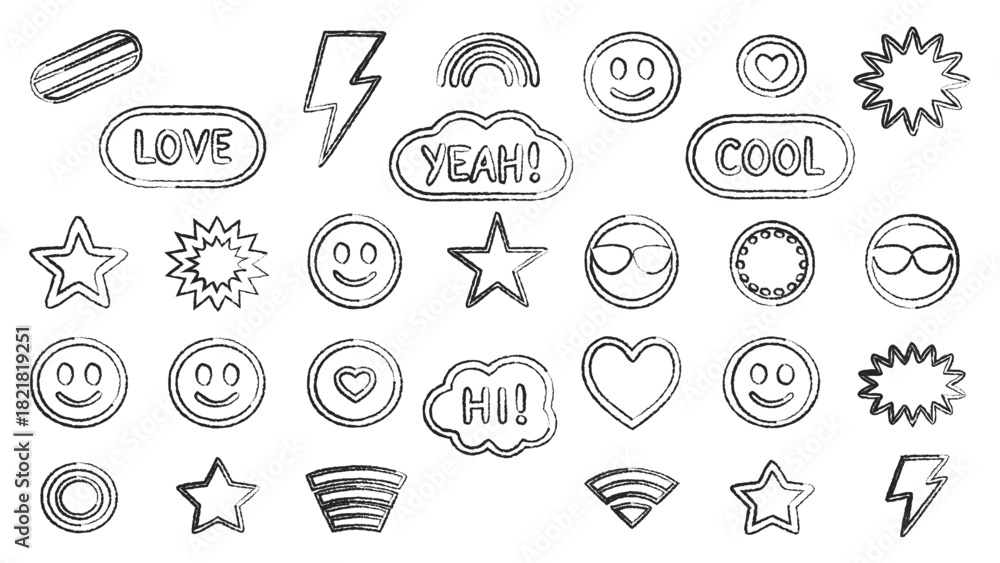 Fototapeta premium Set of grunge stamp style emojis, words, and shapes isolated on white background