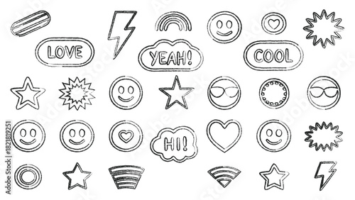 Set of grunge stamp style emojis, words, and shapes isolated on white background