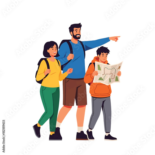 A bearded man guides two backpackers—a woman and a boy—as they read map and stride forward together
