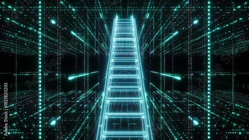 Ascending a glowing digital ladder through a futuristic matrix of data and technology