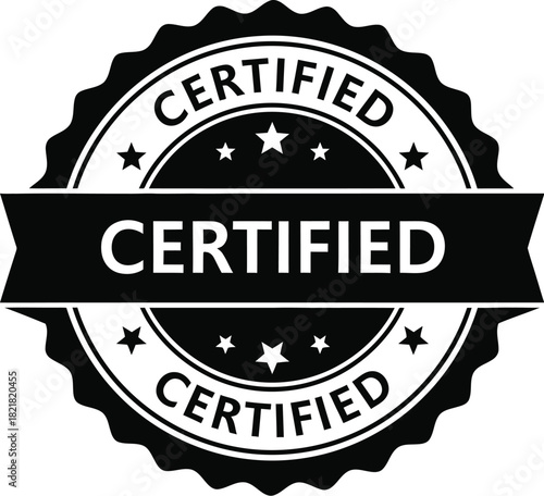 A black and white circular certified badge with a bold simple design