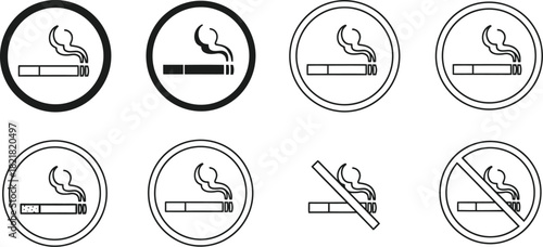 Various no smoking signs and cigarette icons in black and white styles