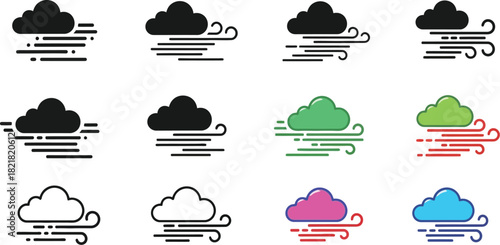 Variations of wind and cloud icons in different color schemes