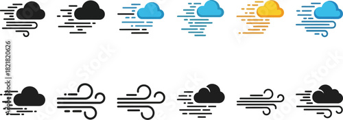 A collection of simple linear weather icons depicting various cloud conditions