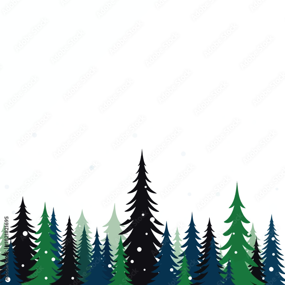 Obraz premium Stylized illustration of a winter forest with various green and dark pine trees against a white snowy background, creating a serene natural scene.