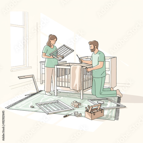 A couple assembles a baby crib in a sunlit room, tools and parts spread across the rug and tiny bits