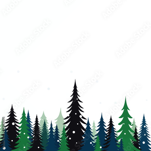 Stylized illustration of a winter forest with various green and dark pine trees against a white snowy background, creating a serene natural scene.