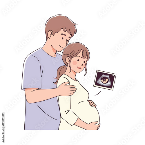 A couple stands close, hands on a pregnant belly, smiling as they view the ultrasound, hopeful. Calm