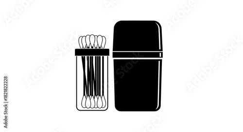 Cotton swabs in container beside travel case for hygiene products  