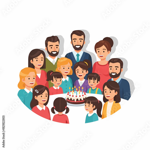 A diverse group of adults and kids celebrates around a cake with lit candles. Warm celebration ahead