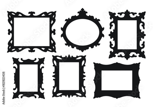 Collection of ornate black decorative picture frames on a white background