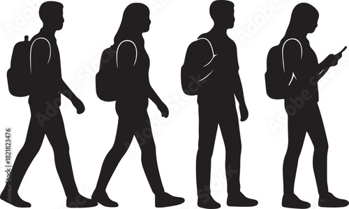 Backpack silhouette illustration, people walking standing poses, travel lifestyle silhouette vector
