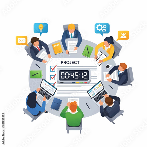 A diverse team circles a round table collaborating on a project with checklists, timers,and laptops