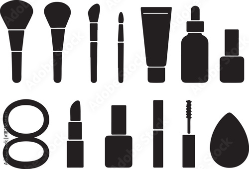 Cosmetic tools silhouette set makeup brushes beauty products vector icons