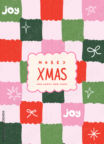 Merry Christmas and Happy New Year greeting card, poster, banner, cover. Modern absrtract Xmas design with doodle hand drawn checkerboard pattern, snowflakes, stars, bows.