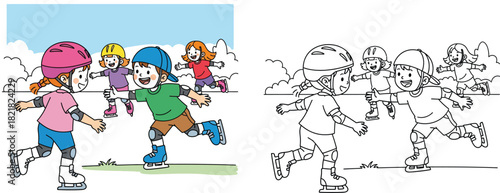 Cute cartoon kids inline skating outdoors wearing safety gear, vector illustration set featuring a colorful scene and a black and white coloring page outline for children.
