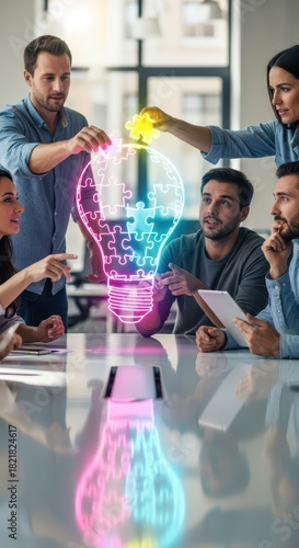Diverse professionals collaborate to assemble a glowing puzzle shaped like an incandescent lamp