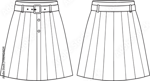 Fashion CAD drawing, pleated skirt with belt and button closure, front and back view