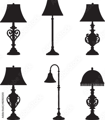 lamp silhouettes, ornate table lamp, classic floor lamp, decorative lighting, retro furniture, interior decor, elegant design, home illustration, on a white backgraound