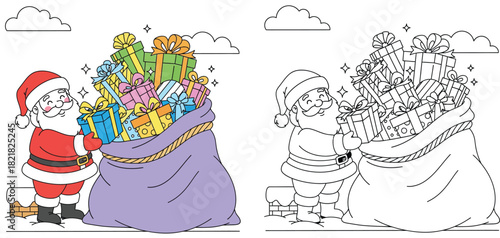 Santa Claus holding gift box next to huge sack of presents coloring book page vector illustration. Christmas holiday cartoon character outline and color version for kids activity.