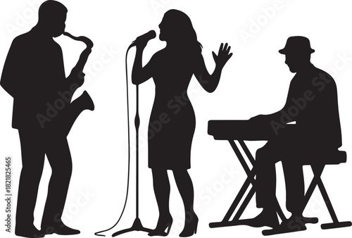 Musician set band performing with saxophone singer keyboard player silhouette vector